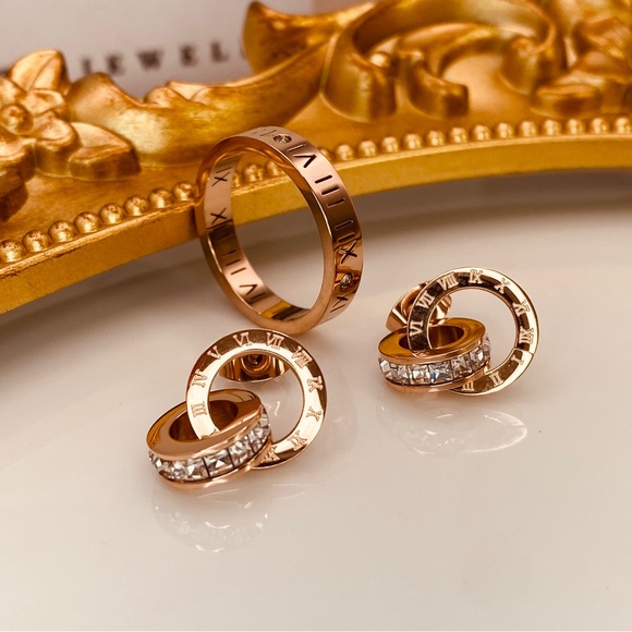 18K Rose Gold Titanium Steel Roman Numerals Circle CZ Stud Earrings - Picture 5 of 6